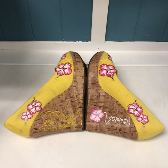 Ed Hardy Sz 9 All Over Design Butterfly Hibiscus Wedges Hawaii vibes Canvas - Picture 5 of 9